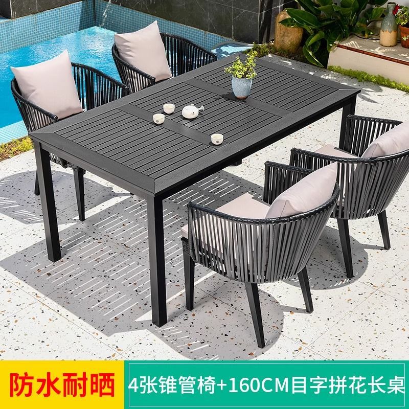 [아연도금강철] 블랙바티 의자 4개 + 플라스틱 나무무늬 롱테이블 160개