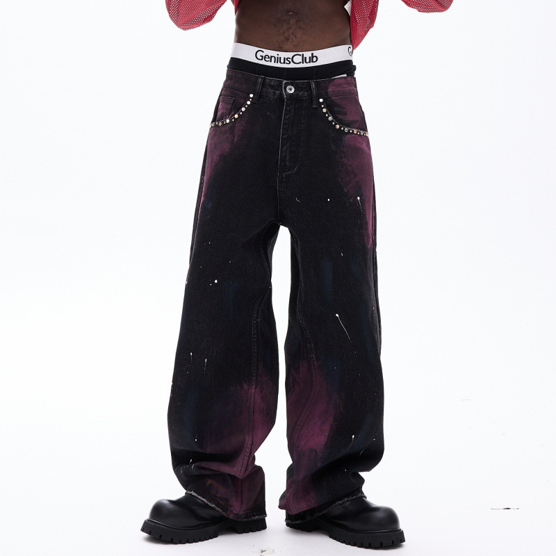 New Trendy Brand Loose Straight Aurora Purple Washed Jeans for Men