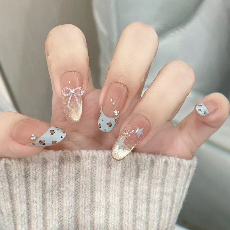 Tiktok Trending Wearable Nail Tips with a High-End Feel, Cat-Eye Leopard Print French Manicure Stickers, Removable Cute Fake Nails