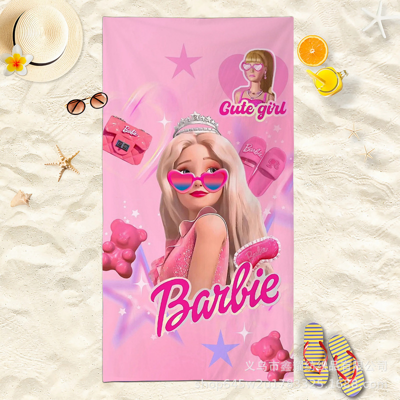 Cross-Border Direct Supply Pink Barbie Printed Beach Towel Vacation Leisure Swimming Bath Towel Factory Wholesale Large Towel