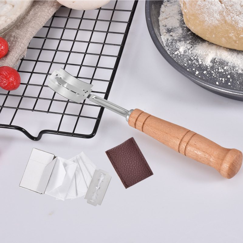 Cross-Border Hot-Selling Stainless Steel Bread Shaping Knife, Dough Dividing Knife, Wooden Handle Curved European Bread Scoring Knife, Pattern Cutting Knife
