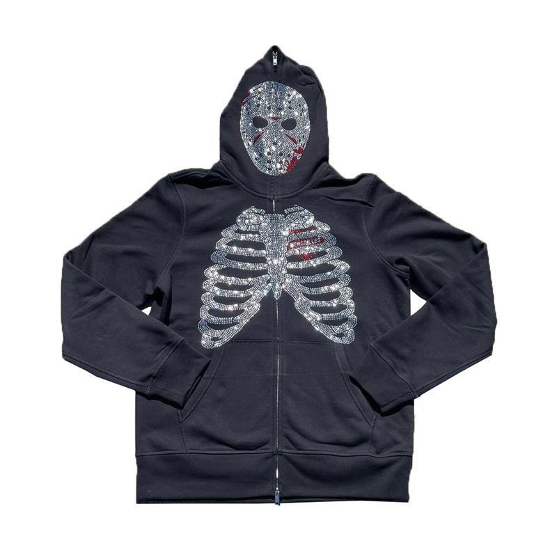 20.22 million Holy Festival Cross-border European and American Autumn and Winter Men's Y2K Trend Rhinestone Loose Hooded Cardigan Skull Sweater