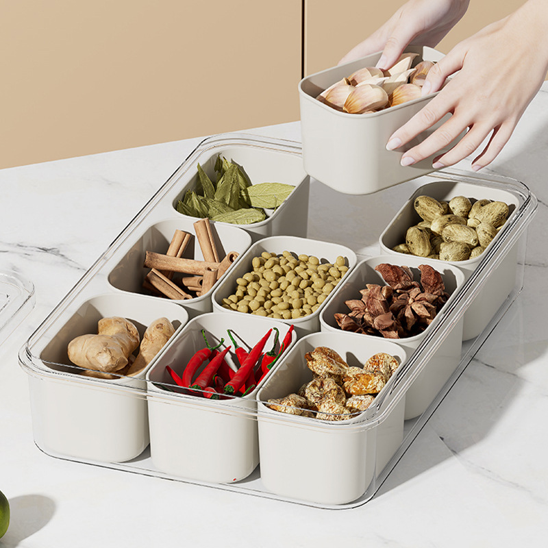 Caja de condimentos de grado alimenticio Caja de condimentos de especias portátiles de nueve puntos Caja de almacenamiento de refrigerador transparente de gran capacidad de cocina