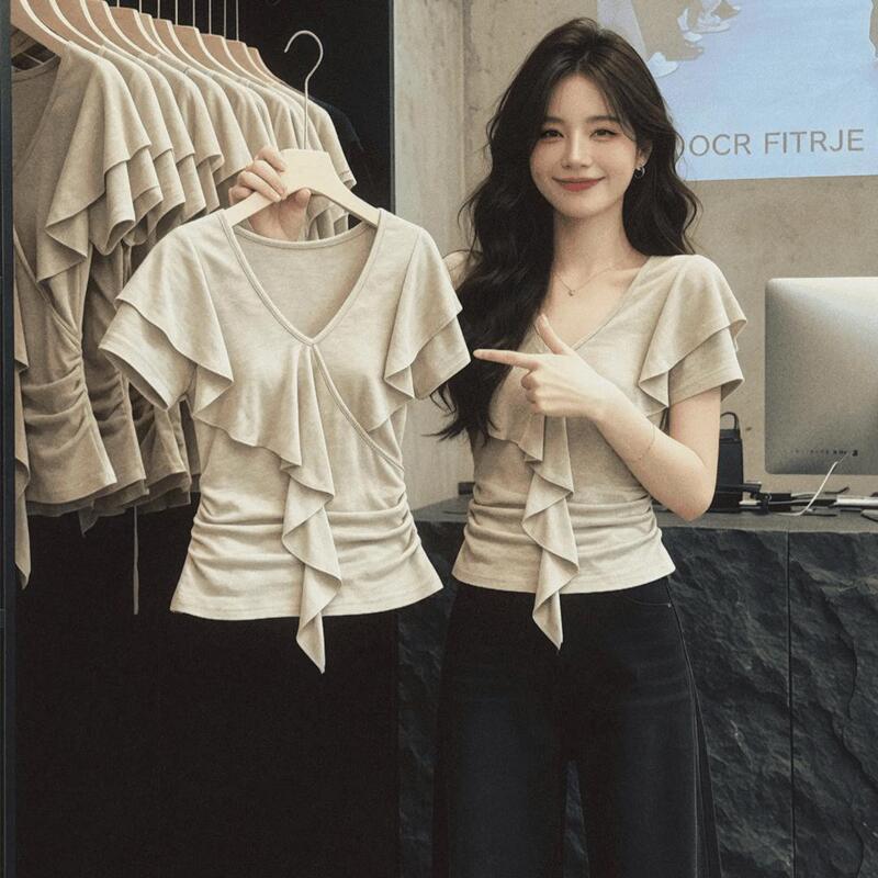 Commuter-style V-neck ruffle short-sleeve T-shirt for women, 2026 summer fashion, slim-fit design, suitable for petite figures