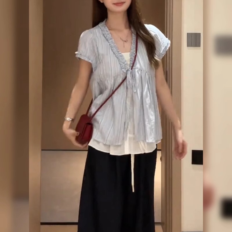 Áo sơ mi nữ giả hai mảnh tay ngắn sọc mỏng form rộng — Màu xanh lam chi tiết 4