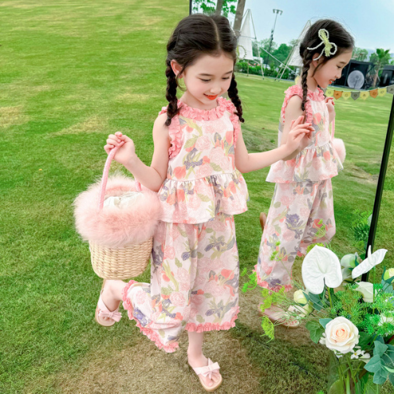 Girls Flower Thin Suit 2025 New Baby Summer Vest Wide Leg Pants Two-Piece Set Kidsren's Fashionable Summer Clothes