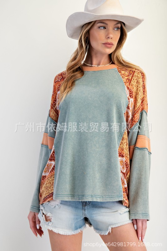 Amazon 25 秋の新作クロスボーダーヨーロッパとアメリカの服プリントパッチスプライシングスウェットシャツプルオーバーラウンドネック長袖トップ|undefined