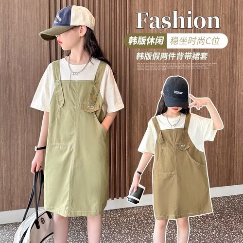 Girls' Summer Dress 2024 New Children Fashion Summer Overalls Dress for Older Girls Summer Two-Piece Dress