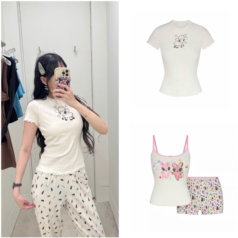 Easter Limited Edition Cute Lamb Print Graffiti Lace Round Neck Short-Sleeved T-Shirt Casual Pants Suit for Women 26 Spring