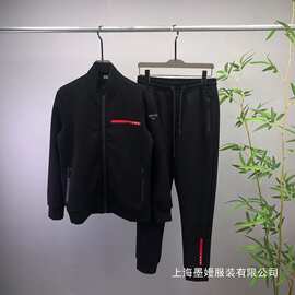 欧美男女秋冬新款 Pr裤子红色胶条运动套装口袋拉链 平替跨境批发