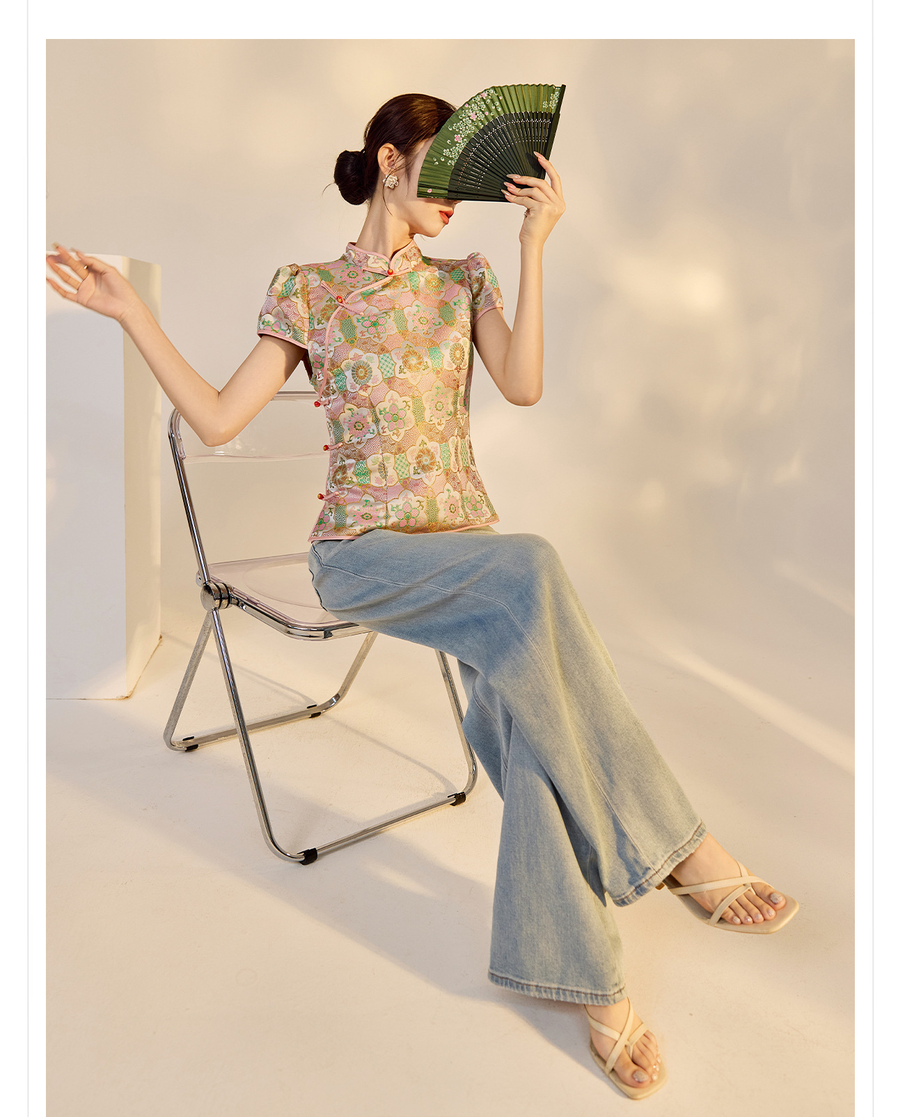 Áo sơ mi tay ngắn phong cách Trung Hoa mới, cổ cài cúc, in họa tiết thêu nhẹ sang trọng N4055 — Hồng sương mềm chi tiết 5