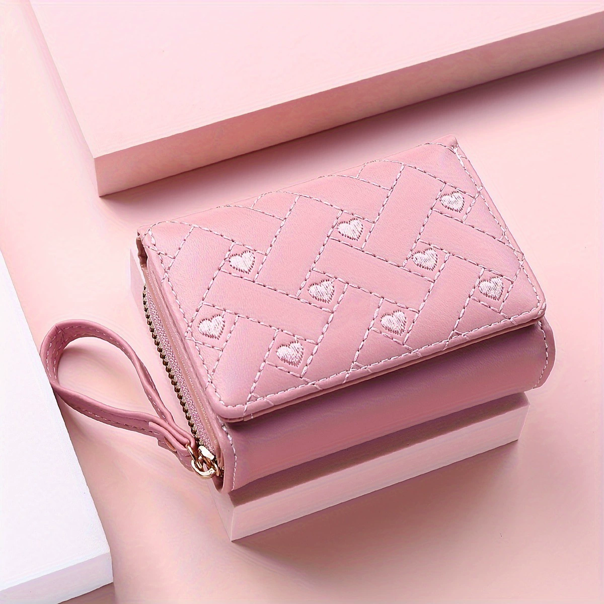 Women's Trifold Wallet, Embroidered Love Pattern, Compact Wristlet, Multi-Card 13.3×9.2×5.8 cm