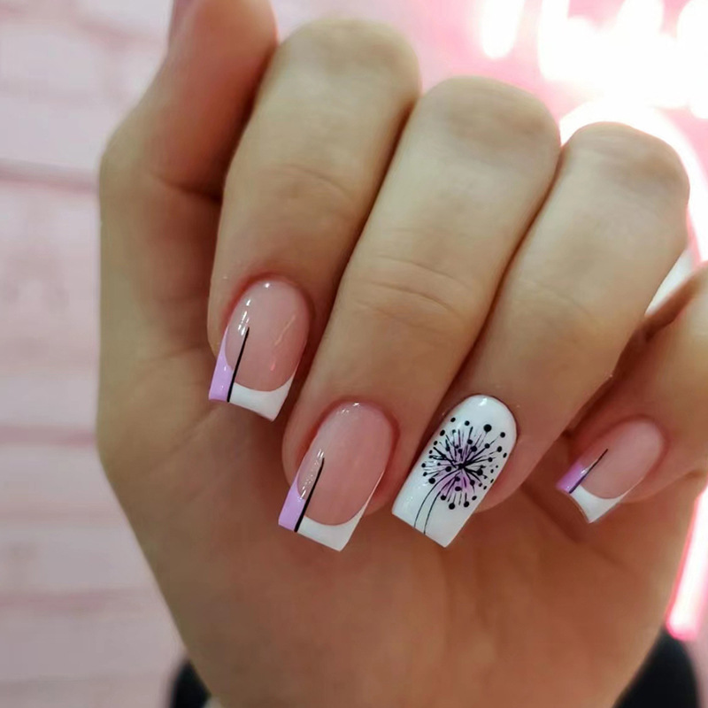 Elegant light purple double-piece French cute dandelion European Square manicure gentle girl fake nail finished product Elegant light purple double-piece French cute dandelion European Square manicure gentle girl fake nail finished product