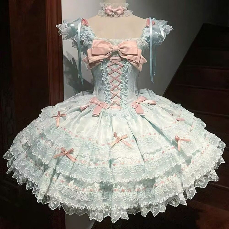 甜美Lolita洛丽塔蝴蝶结方口领连衣裙夏季新款减龄显瘦蓬蓬公主裙|undefined