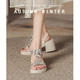 Spot Large and Small Wedge Sandals for Women 2024 New Thick-Soled T-String with Rhinestones Waterproof Platform High-Heeled Sandals