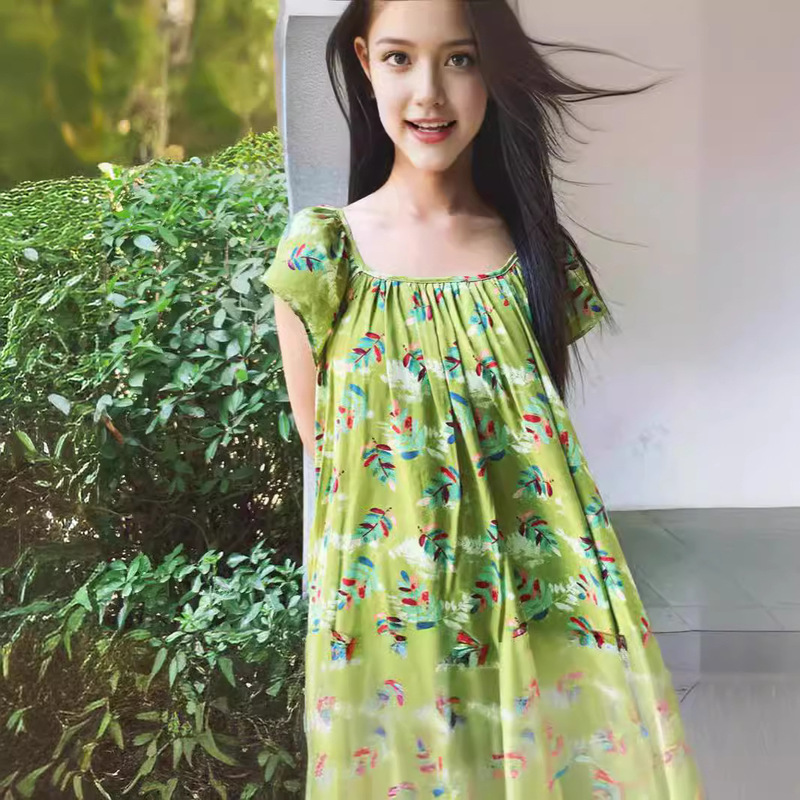 Cotton Silk dress Women's Summer Simple and Elegant Simple 2024 New Gentle Floral Dress Loose Slimming Long Dress