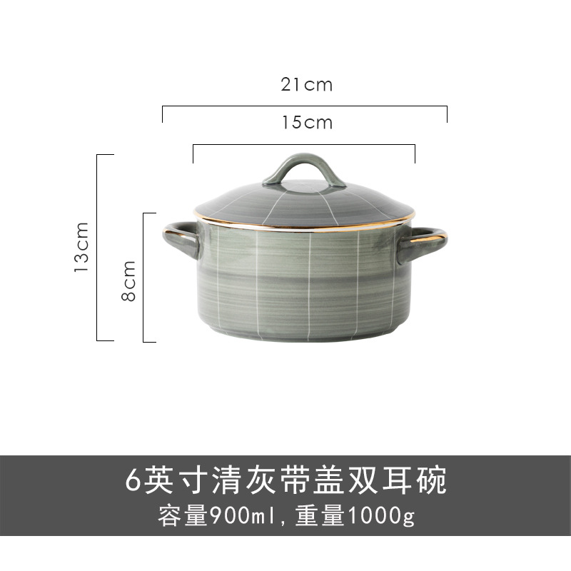 Tazón de sopa de doble oreja de cerámica con tapa tazón de ensalada de fideos instantáneos Luz de lujo personalizado hogar tazón grande nórdico borde dorado image 9