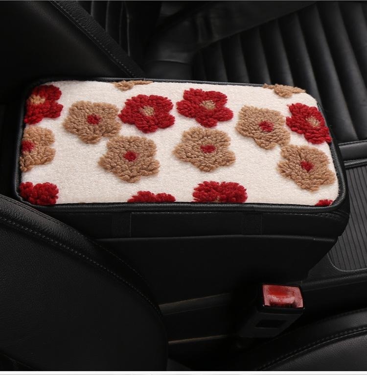 2026 New Floral Lambswool Car Armrest Cushion in Vibrant Red