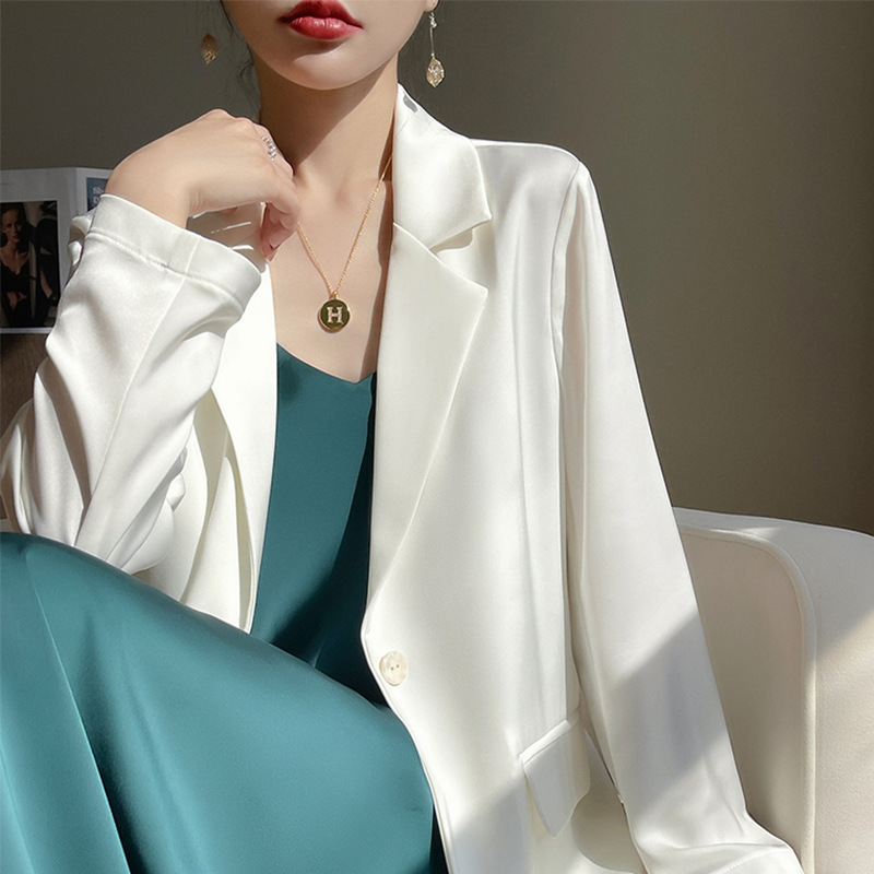 Acetate White Blazer Women's High-End Casual Thin Spring and Summer Satin Suit Dress Suit