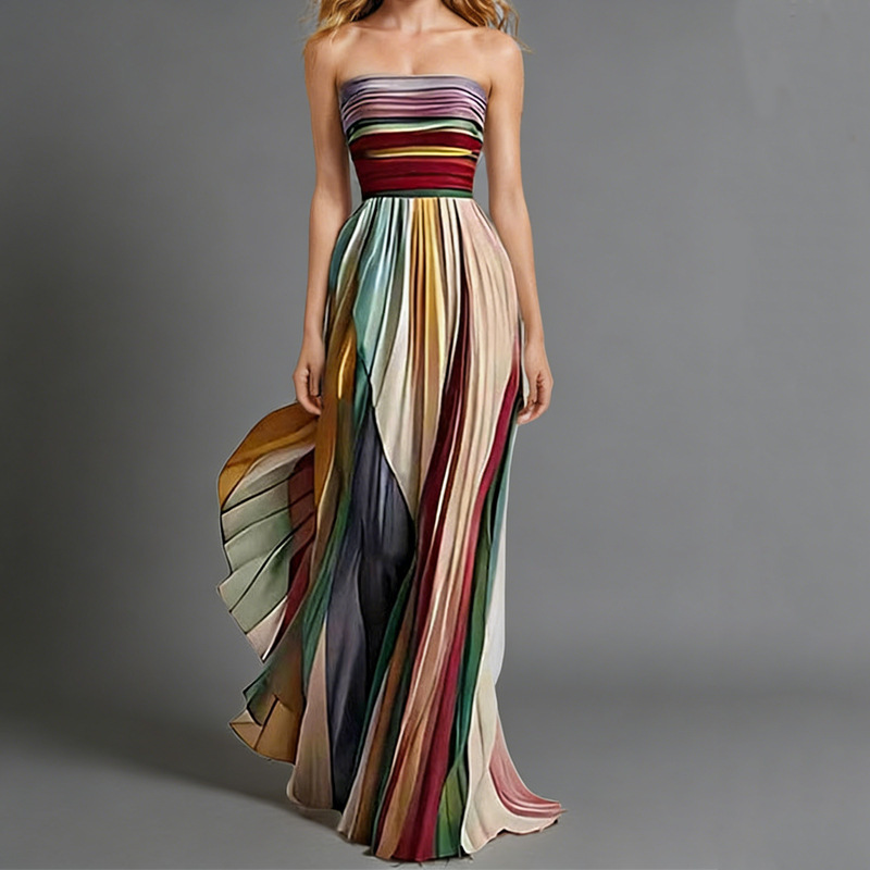 Cross-Border Independent Site Amazon 2026 New European and American Style Sexy Strapless Printed High-Waisted Colorful Long Dress Gown Cross-Border Independent Site Amazon 2026 New European and American Style Sexy Strapless Printed High-Waisted Colorful Long Dress Gown