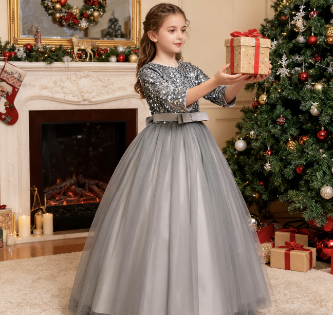 Niñas otoño nuevo comercio exterior de los niños vestido de princesa vestido pequeño anfitrión vestido de lentejuelas malla vestido de novia pettiskirt