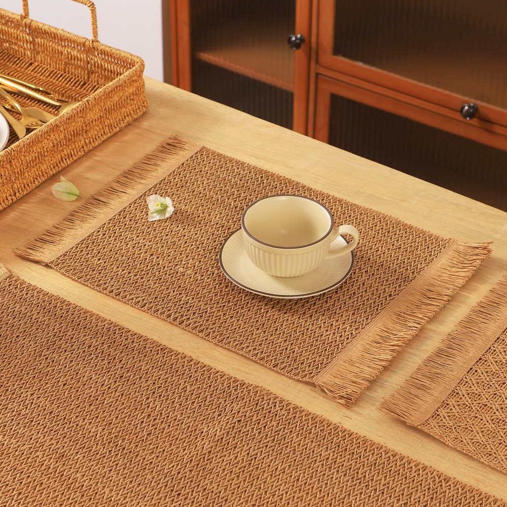 Almohadilla de mesa tejida de papel de color natural rectangular al por mayor transfronterizo, posavasos de aislamiento térmico, protección de escritorio de protección ambiental japonesa