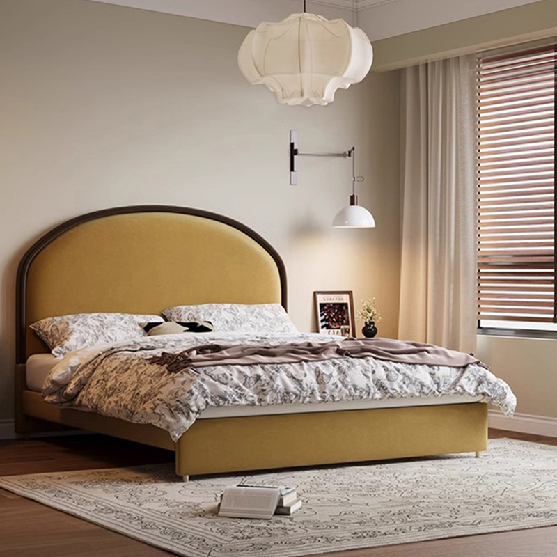 Cama de cuero francesa retrógrada de madera maciza cama queen de 1.8 metros cama americana cama principal con tela de borde suave cama de boda