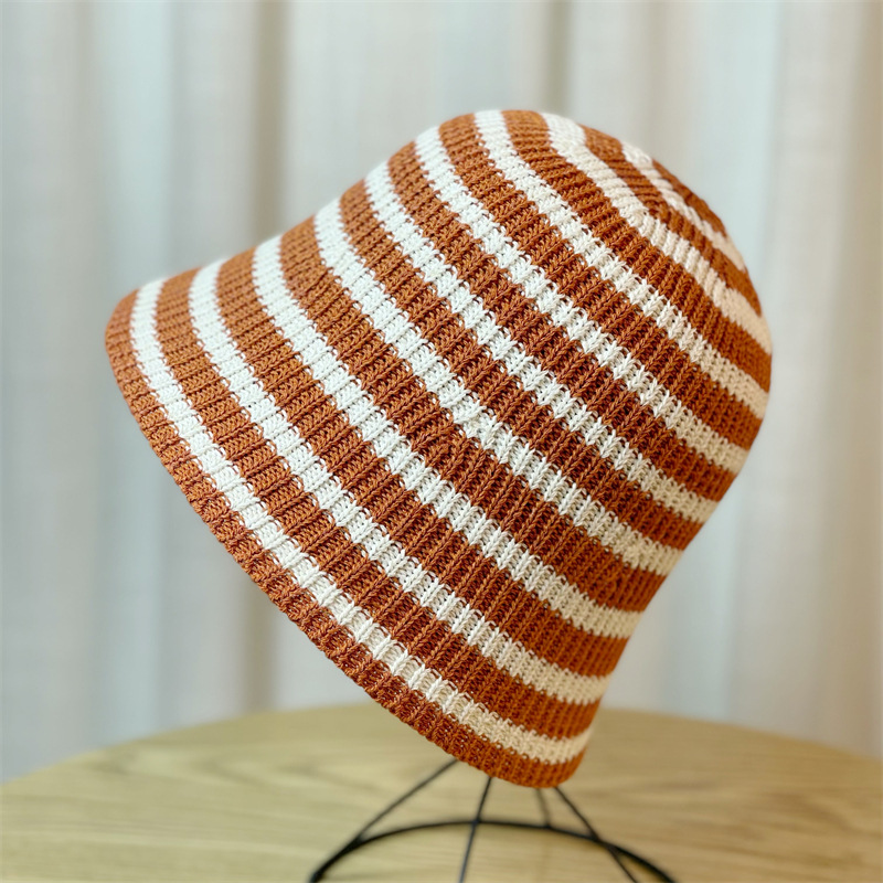 New Hat for Women's Casual Shopping Striped Fisherman Hat, Korean Version, Fashionable and Versatile Knitted Round Top Basin Hat, Foldable and Trendy_voghion.com