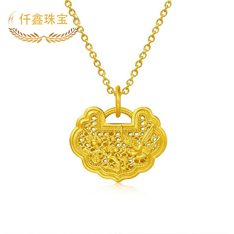 仟鑫珠宝古法黄金999足金喜上眉梢锁吊坠女3D硬金镂空花丝金锁包