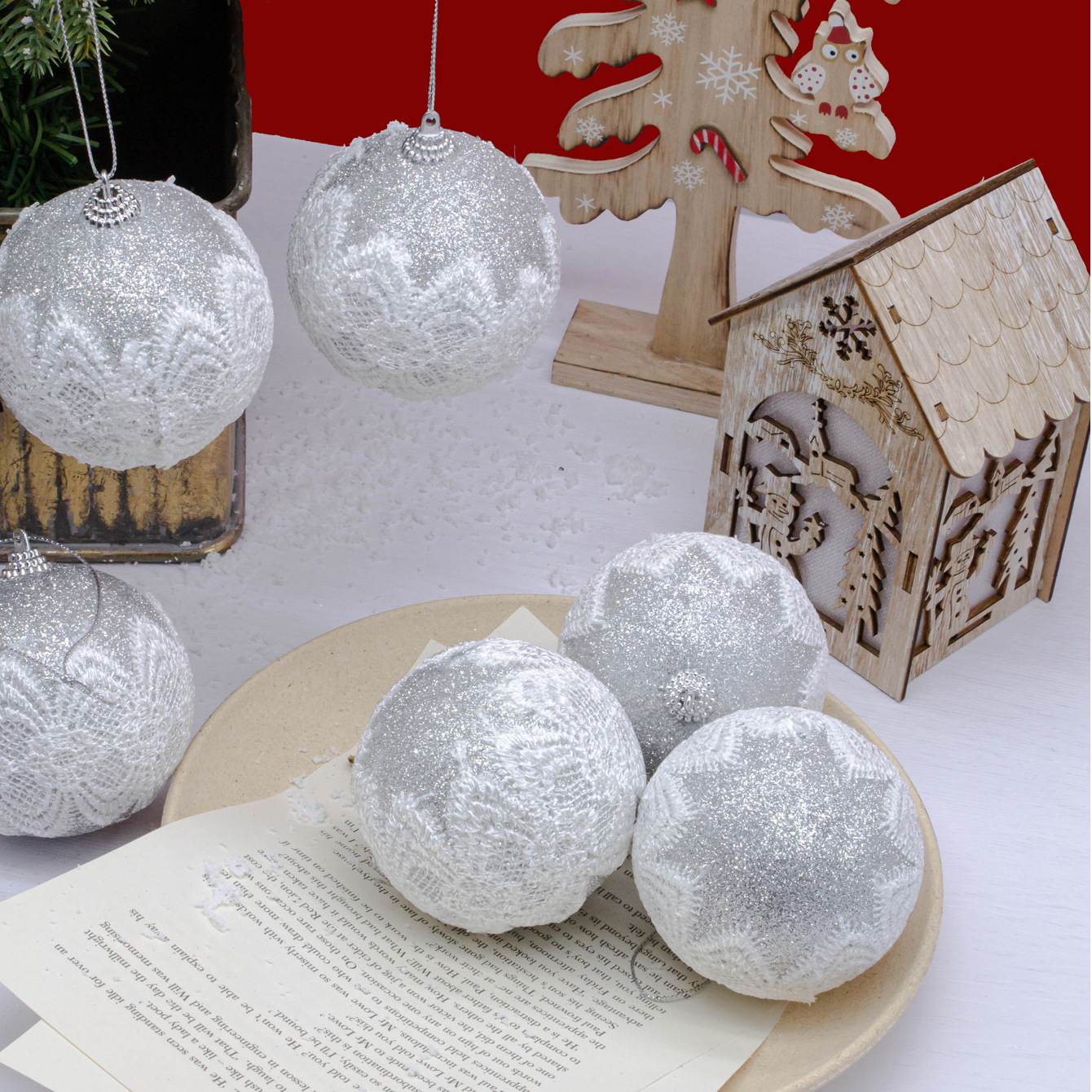 En stock encaje bola Navidad árbol decoraciones exquisito colgante tres colores opcional impreso pequeño colgante 8cm 6 unidades