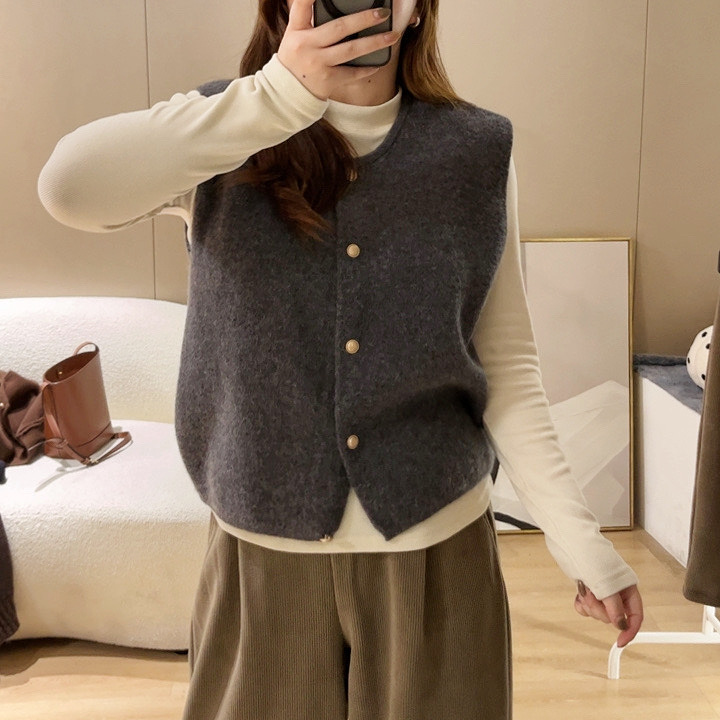 Chaleco Cárdiğan de Punto para Mujer de Cachemira de Punto Cuello Redondo Sin Mangas con Botones para Invierno