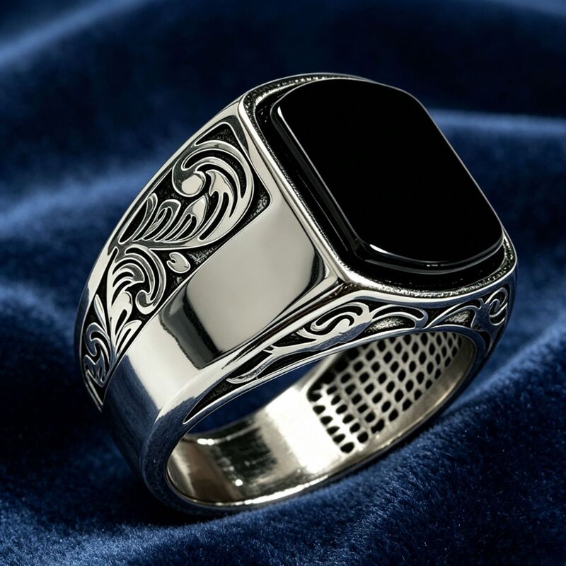 Sanjie Cross-Border New Men's Bold Black Gemstone Ring European and American Style Engraved Pattern Men's Ring for Daily Wear Sanjie Cross-Border New Men's Bold Black Gemstone Ring European and American Style Engraved Pattern Men's Ring for Daily Wear