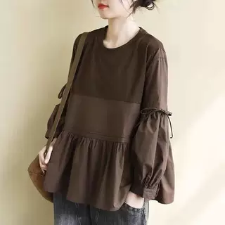 大码女装长袖宽松拼接恤女2026新款洋气减龄系带娃娃衫上衣