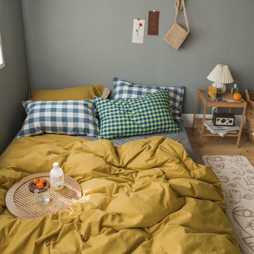 Ins style solid color washed cotton 100% cotton quilt cover sheet and fitted sheet single product Four seasons pure cotton single piece bedding