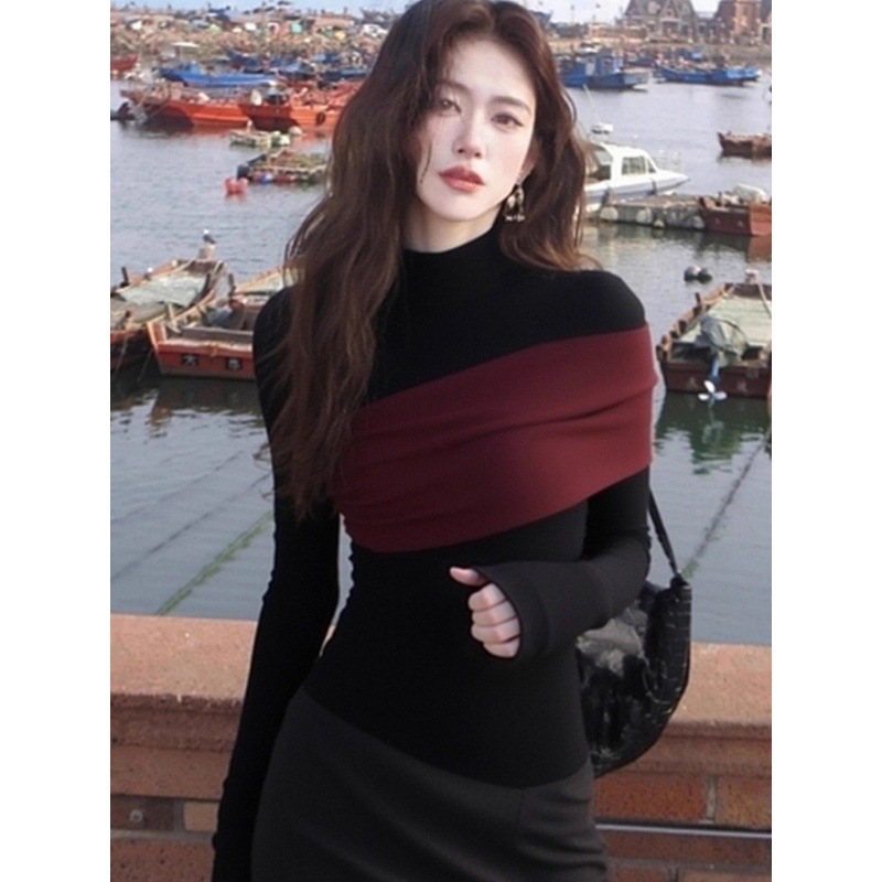 한국계 신상 접합 반목폴라 긴팔 티셔츠 여자 2026 가을 겨울 신상 서양식 슬림핏 날씬해 보이는 베이스 상의