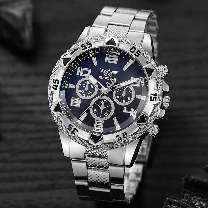 explosões relógio masculino de vidro azul pulseira de aço relógio de quartzo balança digital relógio de três olhos_voghion.com