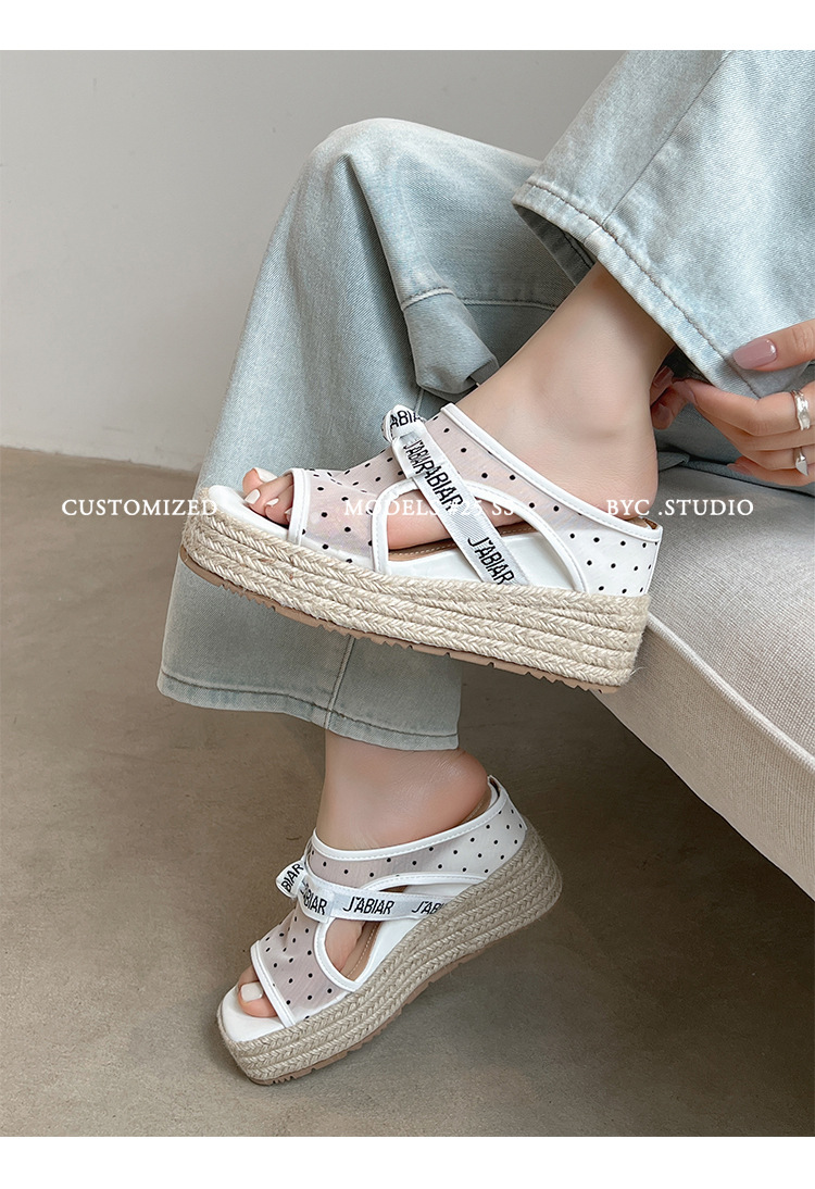 Sandal hở mũi nữ đế xuồng lưới chấm bi gót độn cao 2025 — Chấm bi trắng, Màu trắng chi tiết 17