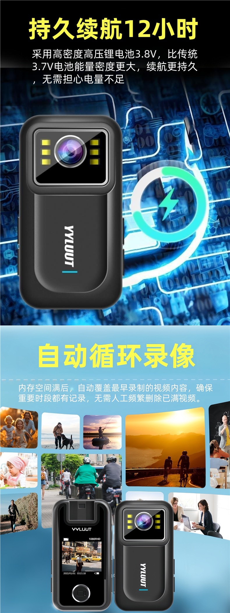 Zov L9 Sports Camera Motorcycle Dashcam Wearable on the Chest with High-Definition Anti-Shake Features, 12-Hour Battery Life, and Waterproof
