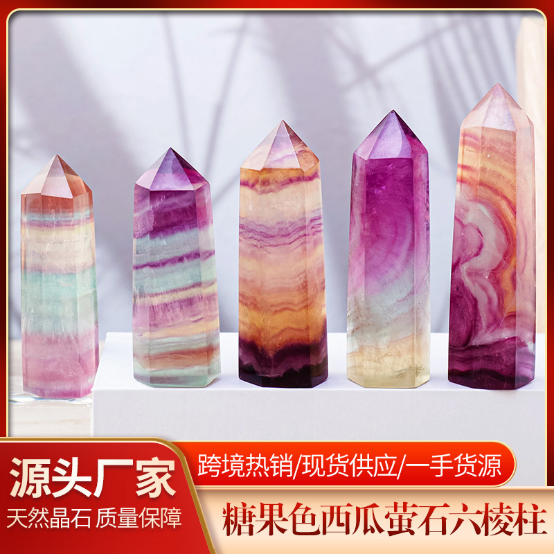 Cristal natural colorido fluorita columna de cristal piedra cruda pulido caramelo color sola punta prisma hexagonal adornos al por mayor