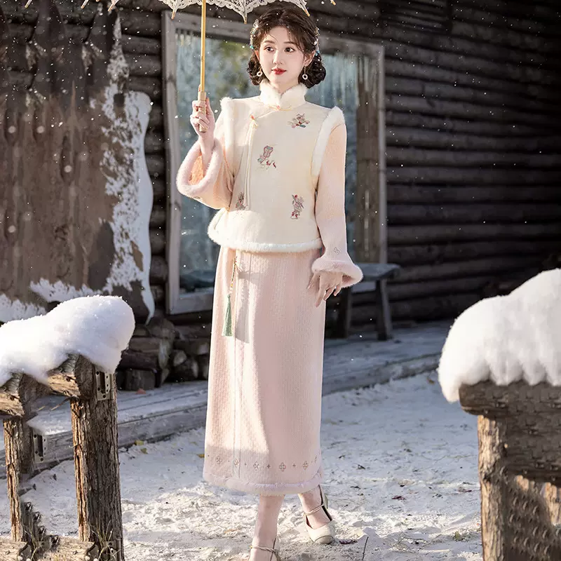 冬季雪尼尔重工刺绣旗袍套装 改良少女年轻款马甲内搭半身裙旗袍