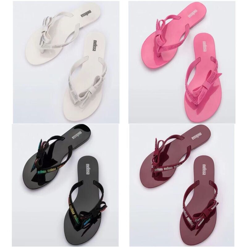 2026 New Melissa Women's Flip-Flops with Bow, Fashionable and Simple Flat-Soled Summer Beach Shoes