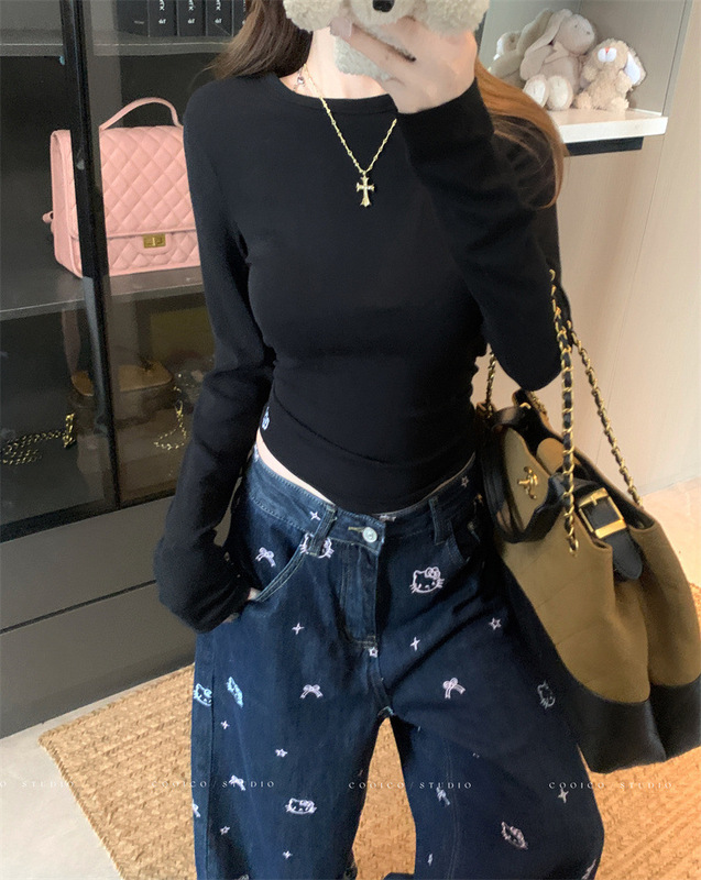复古正肩长袖T恤女2025秋季新款设计感修身显瘦短款掐腰打底上衣|undefined