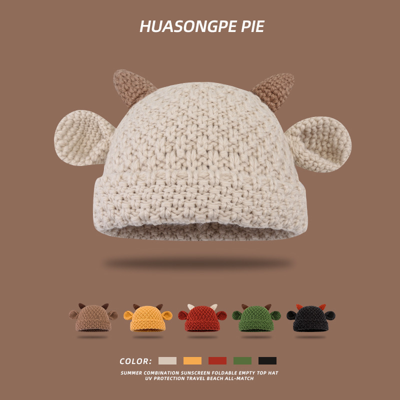 Cute Versatile Horn Ear Knit Hat for Women, Handmade Korean Style Sweet Versatile Pullover Hat for Trendy Men