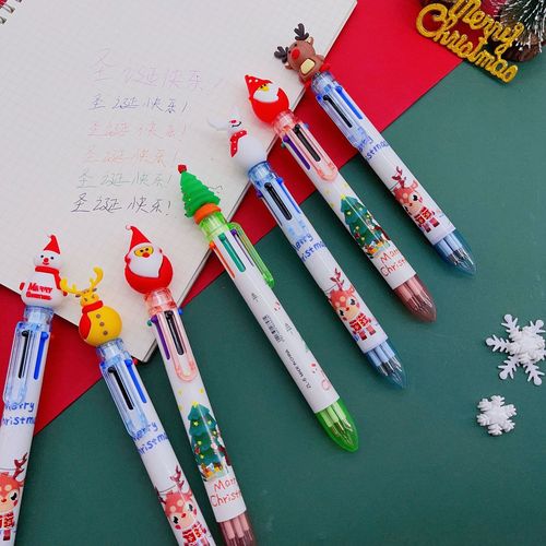New Christmas 6-color ballpoint pen cartoon Santa Claus ten-color push-button color handbook pen student prizes wholesale