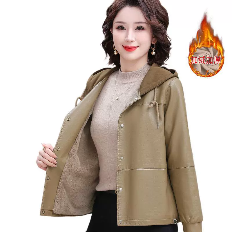 Мама среднего возраста одеваются осенью и зимой, плюс бархат, утолщение, теплая кожаная одежда с капюшоном