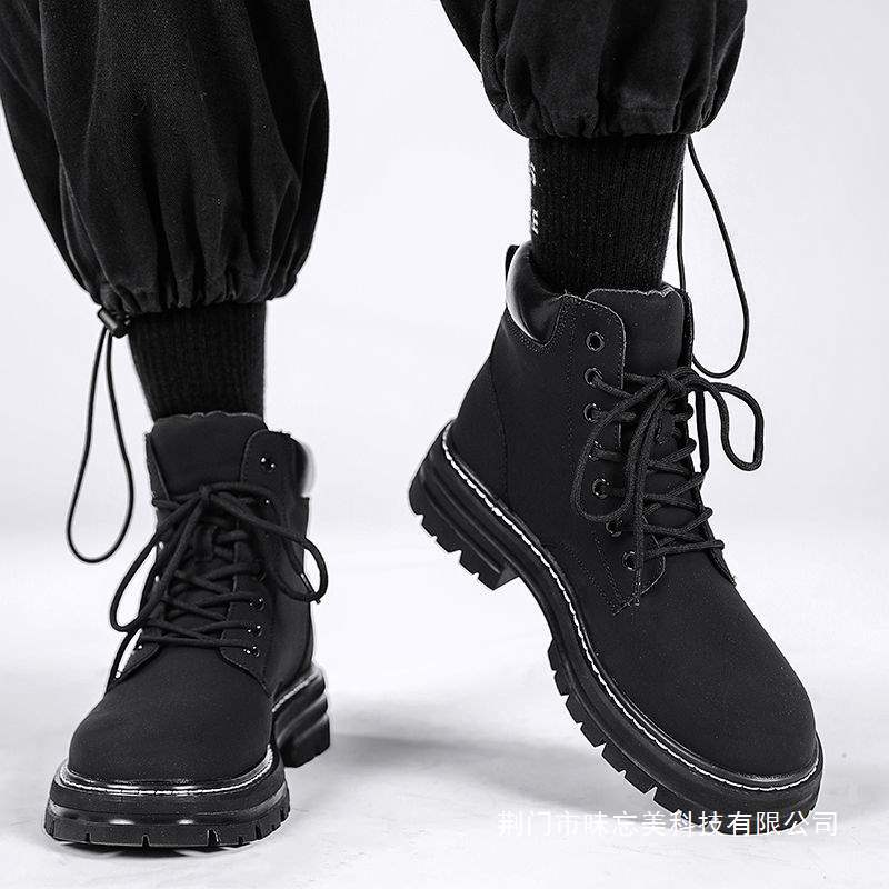 Boots Men's Autum Men's Shoes High-Top British Retro Rhubarb Boots Fleece-Lined Cotton Shoes Motorcycle Work Boots Short Boots