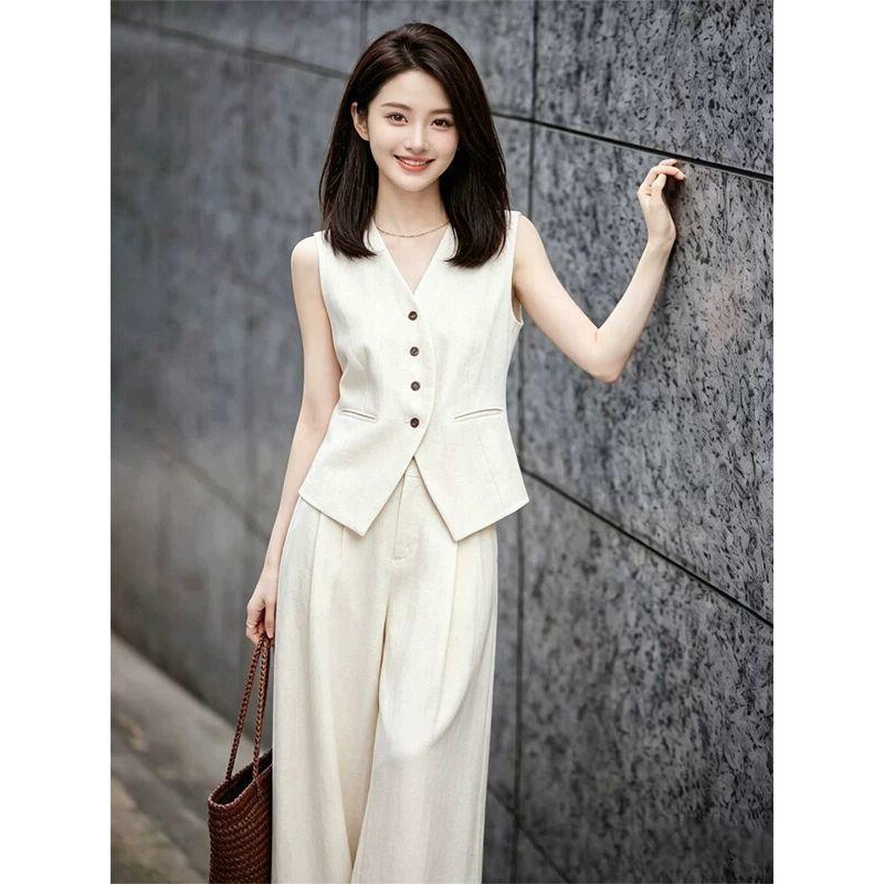 Elegant and Sophisticated Outfit Set for Women, 2026 Summer New Old Money Style Vest and Wide-Leg Pants Two-Piece Set for Commuting