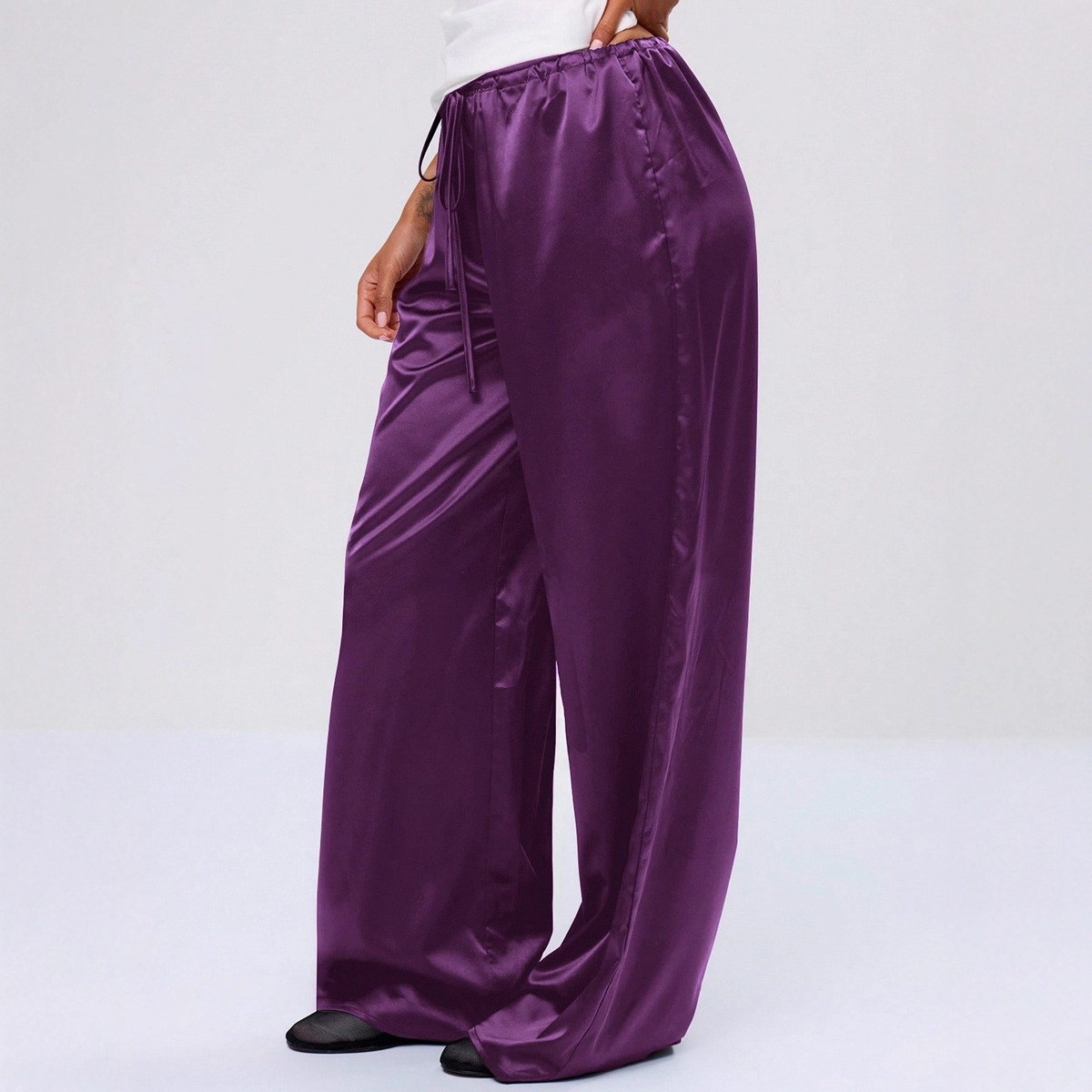 Women's Clothing Women's Trendy Satin Casual Pants Style Wide Leg Drawstring Trousers Loose Fit Spring For Formal & Casual For Women_ecoleips.com