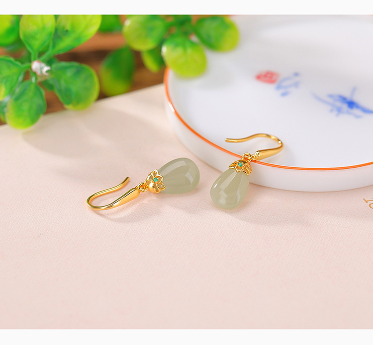 Khuyên tai nữ dài hình giọt nước bạc S925 mạ vàng đính ngọc bích — Một cặp chi tiết 4