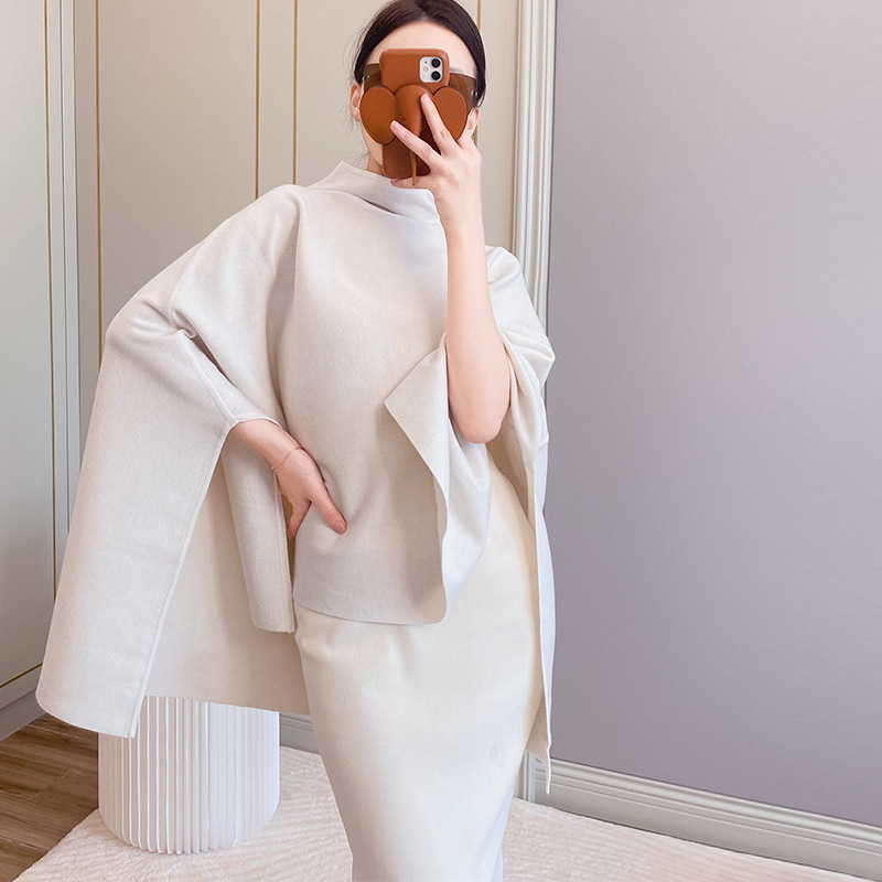 Agency Bat Sleeve Wool Blend Fashion Women's Cloak Large Shawl Turtleneck Sweater Jacket Cos Style Autumn and Winter New